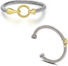 2PCS Twisted Cable Cuff Bracelets Set, Trendy Gold and Silver Bangle Two Tone Bracelet Designer Dupes Adjustable Mixed Metal Jewelry for Women (Gold Kont and Bangle)