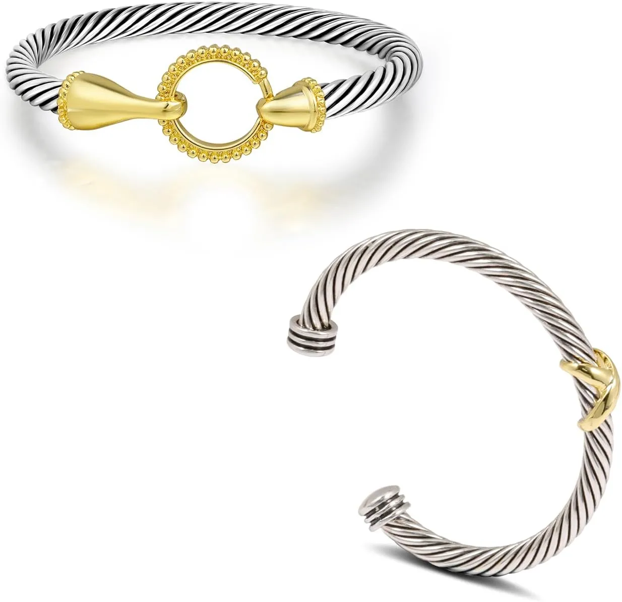 2PCS Twisted Cable Cuff Bracelets Set, Trendy Gold and Silver Bangle Two Tone Bracelet Designer Dupes Adjustable Mixed Metal Jewelry for Women (Gold Kont and Bangle)