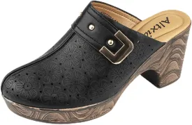 Altxic Women's Hollow Out Low Block Chunky Heels Comfy Slip On Wood Grain Open Back Mule Clogs