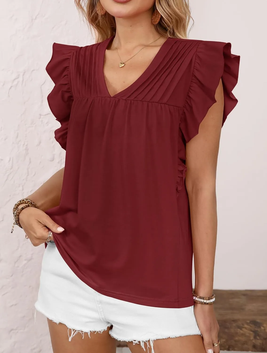 Clarisbelle Summer Women's Dressy Casual Business V Neck Blouses Pleated Ruffle Short Sleeve Trendy Tops