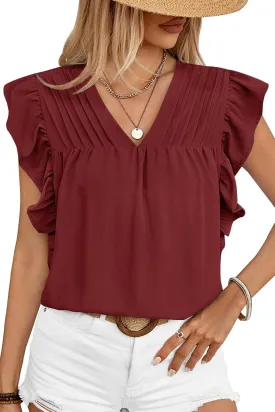 Clarisbelle Summer Women's Dressy Casual Business V Neck Blouses Pleated Ruffle Short Sleeve Trendy Tops