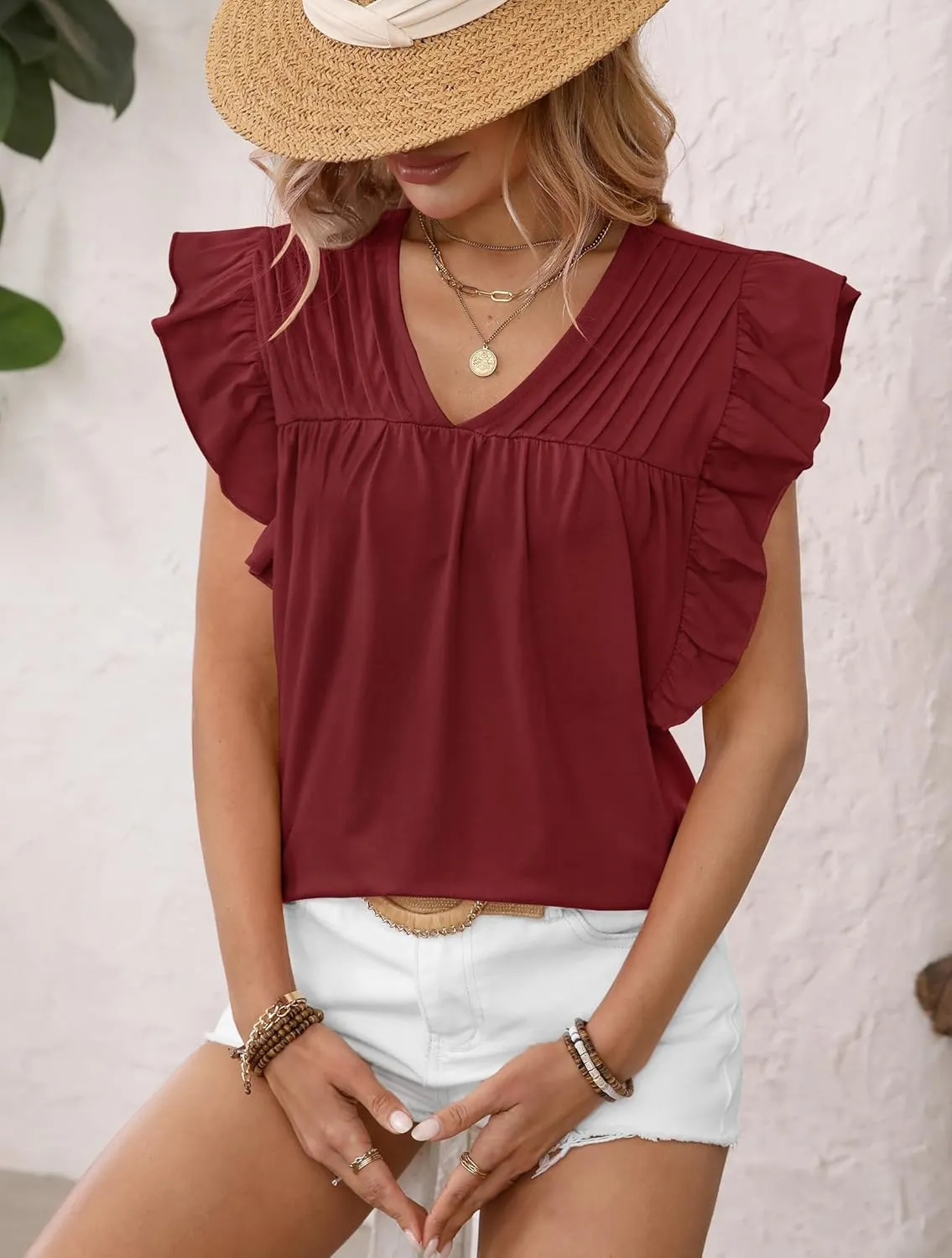 Clarisbelle Summer Women's Dressy Casual Business V Neck Blouses Pleated Ruffle Short Sleeve Trendy Tops