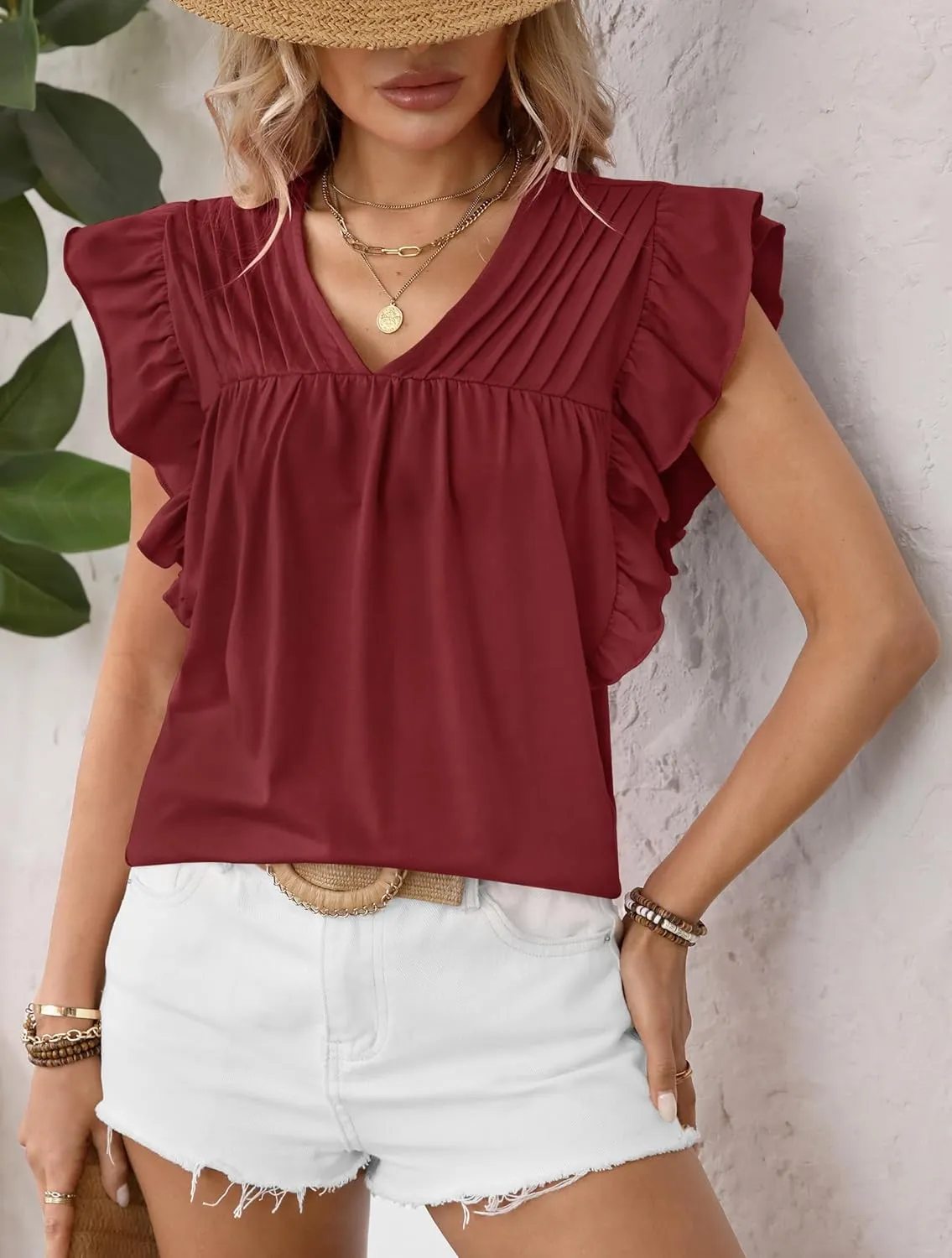 Clarisbelle Summer Women's Dressy Casual Business V Neck Blouses Pleated Ruffle Short Sleeve Trendy Tops