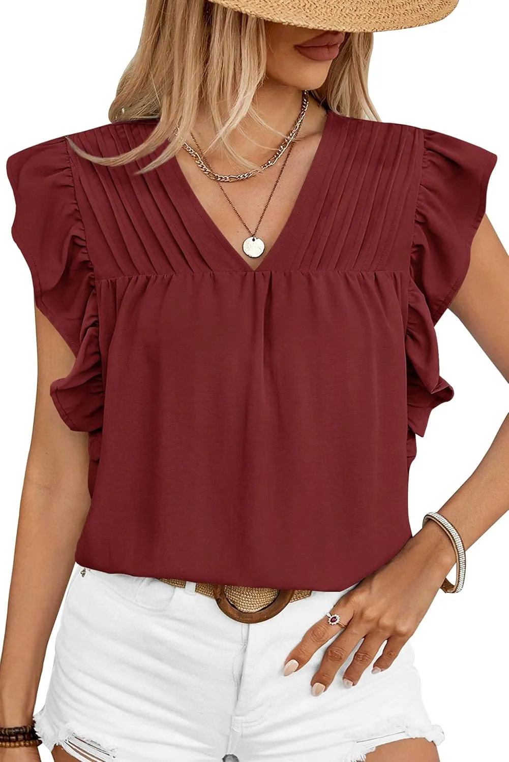 Clarisbelle Summer Women's Dressy Casual Business V Neck Blouses Pleated Ruffle Short Sleeve Trendy Tops