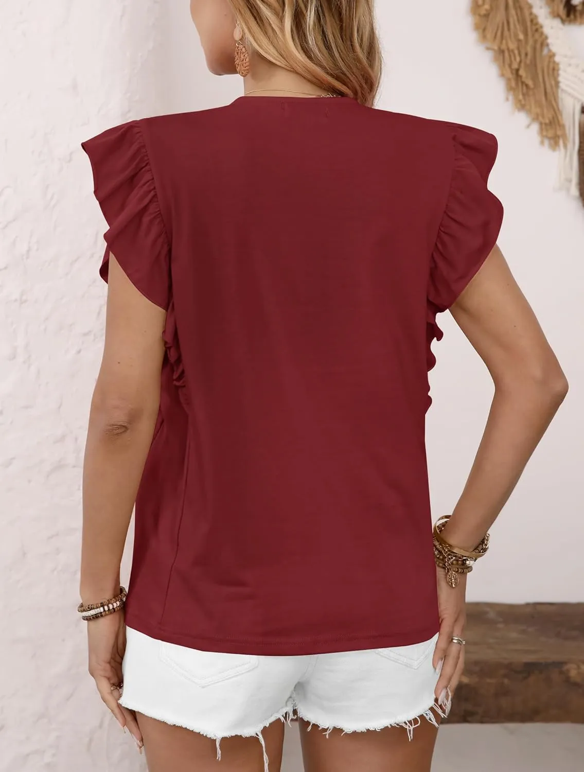 Clarisbelle Summer Women's Dressy Casual Business V Neck Blouses Pleated Ruffle Short Sleeve Trendy Tops