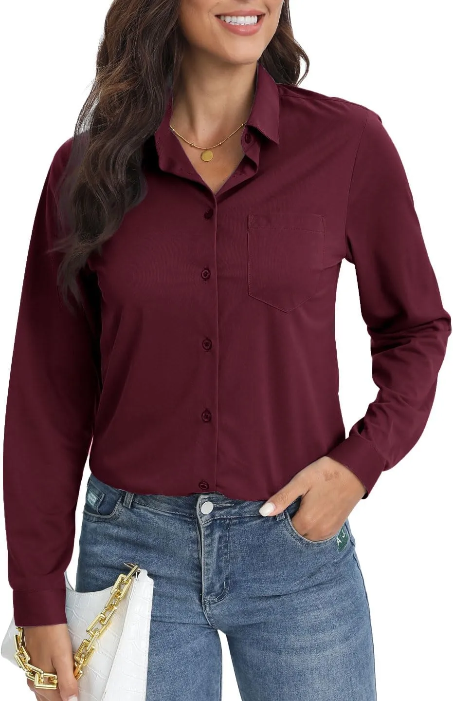 COUXILY Soft Wrinkle-Free Button Down Stretch Shirts for Women, Breathable Moisture-Wicking Casual Work Dress Tops