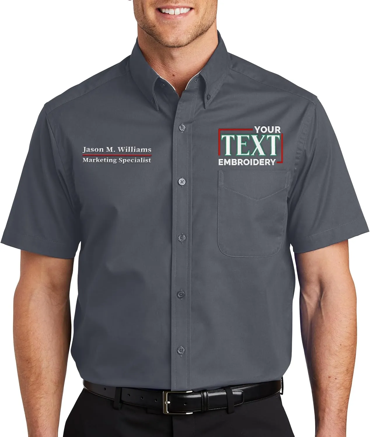 Custom Short Sleeve Embroidered Button Up Shirts for Men Add Your Text Personalized Embroidery Easy Care Shirts