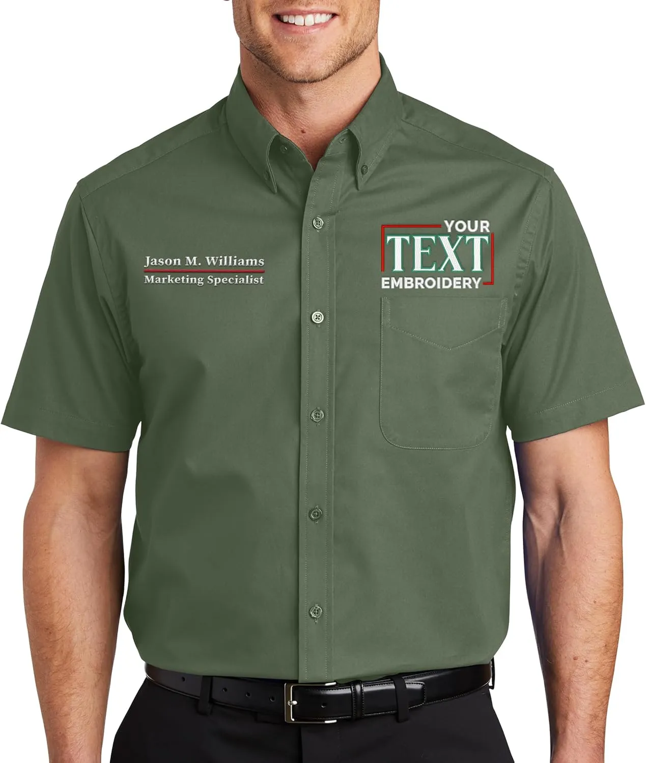 Custom Short Sleeve Embroidered Button Up Shirts for Men Add Your Text Personalized Embroidery Easy Care Shirts