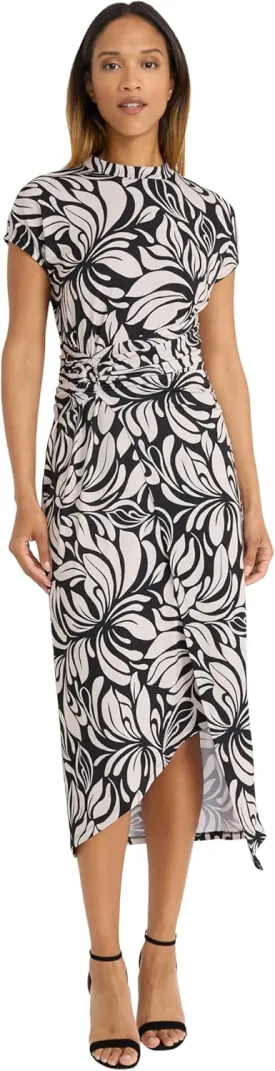 Donna Morgan Women's Midi Wrap Tropical Leaf Print Dress with Cap Sleeves, Ruched Waist, and Asymmetrical Hem