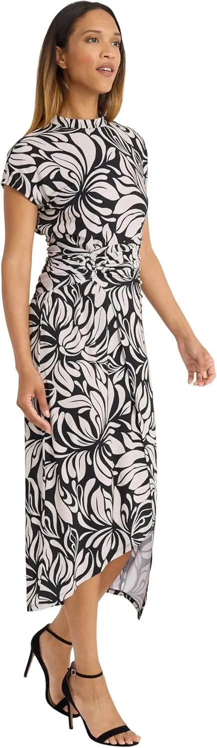 Donna Morgan Women's Midi Wrap Tropical Leaf Print Dress with Cap Sleeves, Ruched Waist, and Asymmetrical Hem