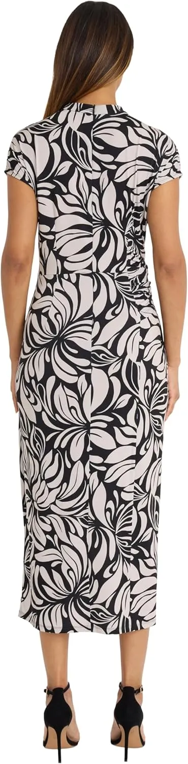 Donna Morgan Women's Midi Wrap Tropical Leaf Print Dress with Cap Sleeves, Ruched Waist, and Asymmetrical Hem