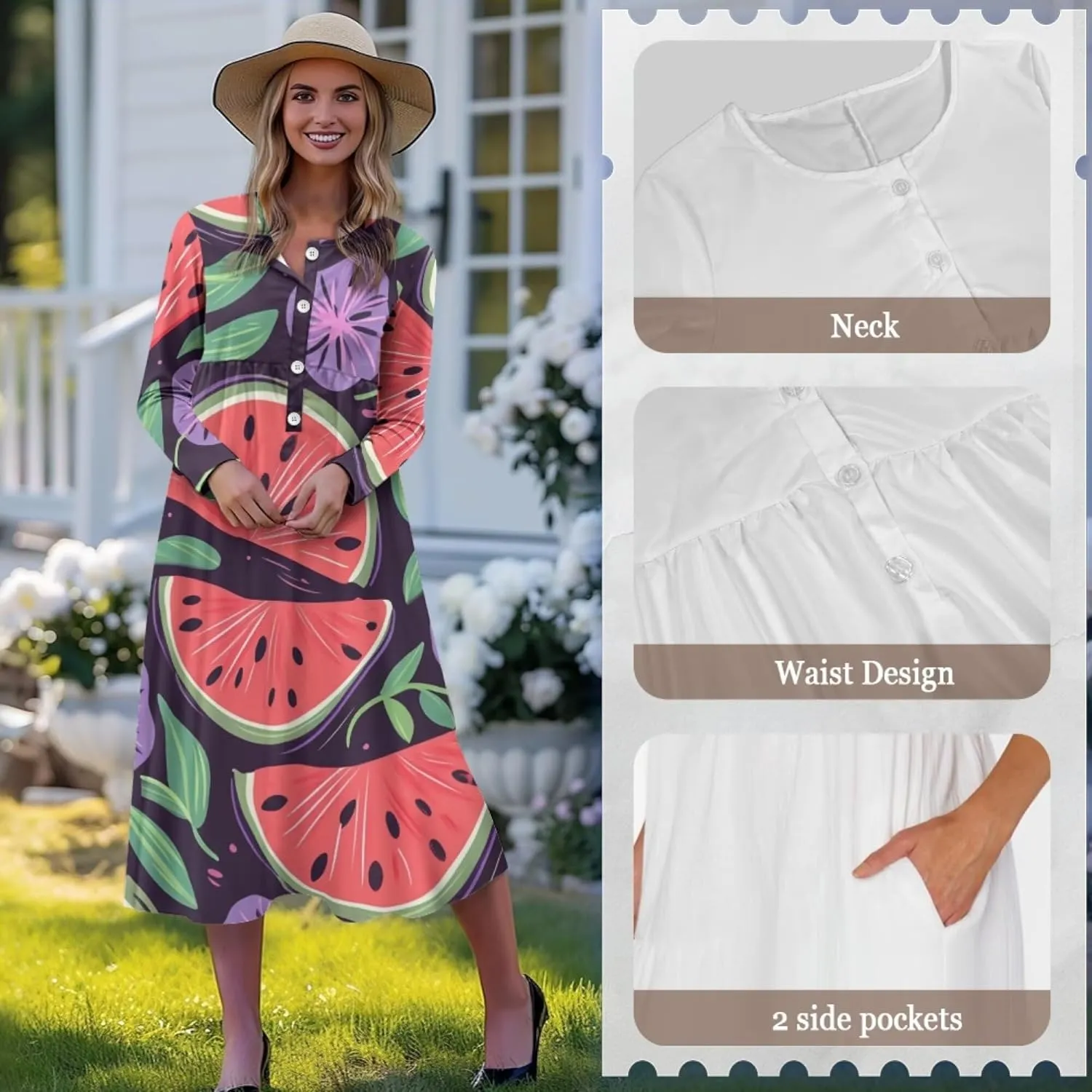 Dresses for Women Sexy V Neck Front Button Midi Party Dress Casual Long Sleeve Soft Comfy Fall Dresses with Pockets