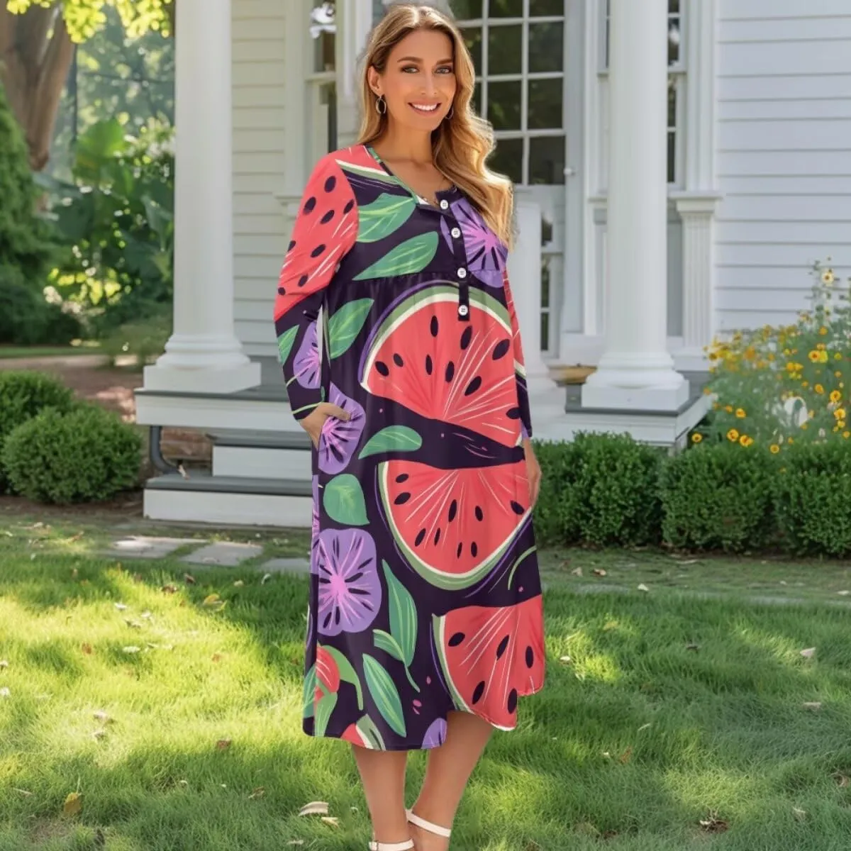 Dresses for Women Sexy V Neck Front Button Midi Party Dress Casual Long Sleeve Soft Comfy Fall Dresses with Pockets