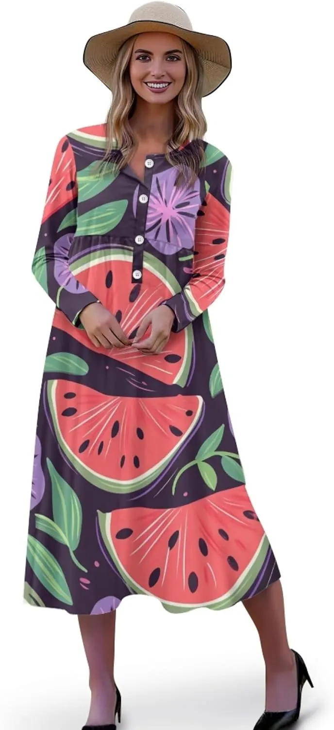 Dresses for Women Sexy V Neck Front Button Midi Party Dress Casual Long Sleeve Soft Comfy Fall Dresses with Pockets