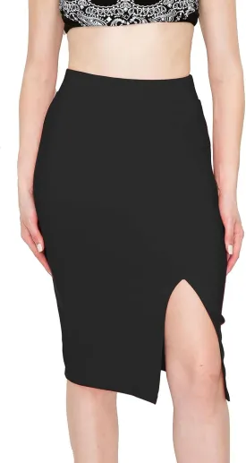 FashionMille Women Slim Fit Comfy Stretchy Bodycon High Waist Pencil Skirt with Slit