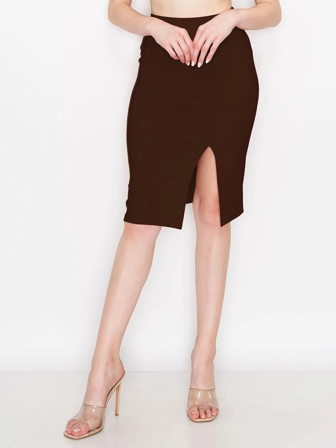 FashionMille Women Slim Fit Comfy Stretchy Bodycon High Waist Pencil Skirt with Slit