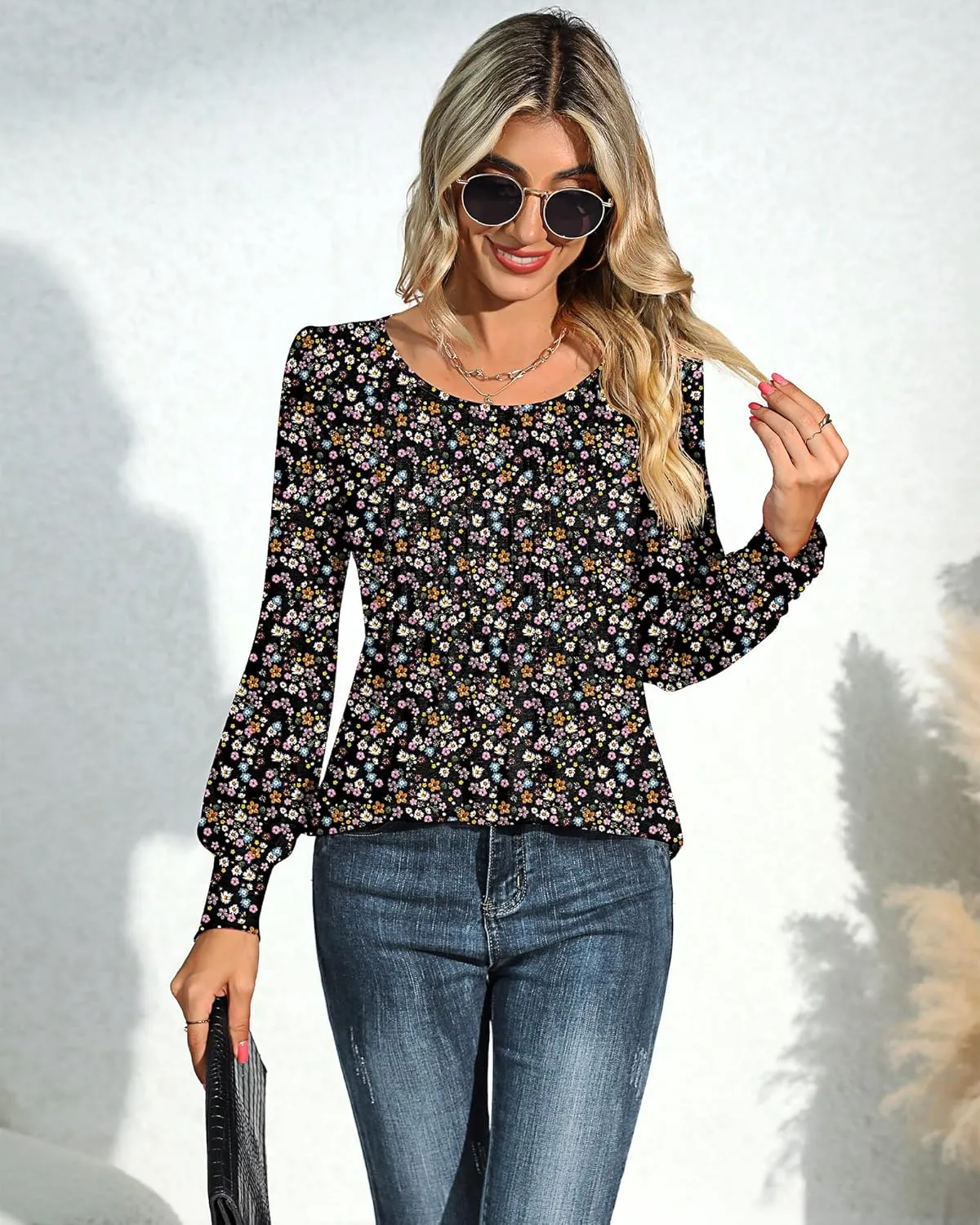 Ficerd Women's Puff Long Sleeve Tunic Tops Pleated Crew Neck Blouses Dressy Casual Loose Fit Winter and Spring Shirts