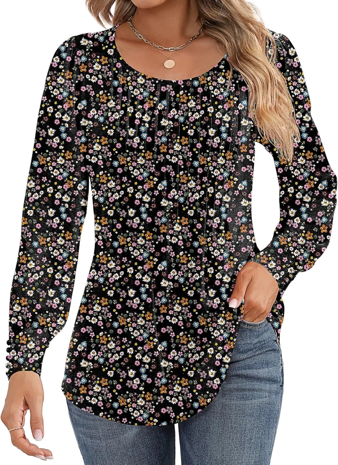 Ficerd Women's Puff Long Sleeve Tunic Tops Pleated Crew Neck Blouses Dressy Casual Loose Fit Winter and Spring Shirts