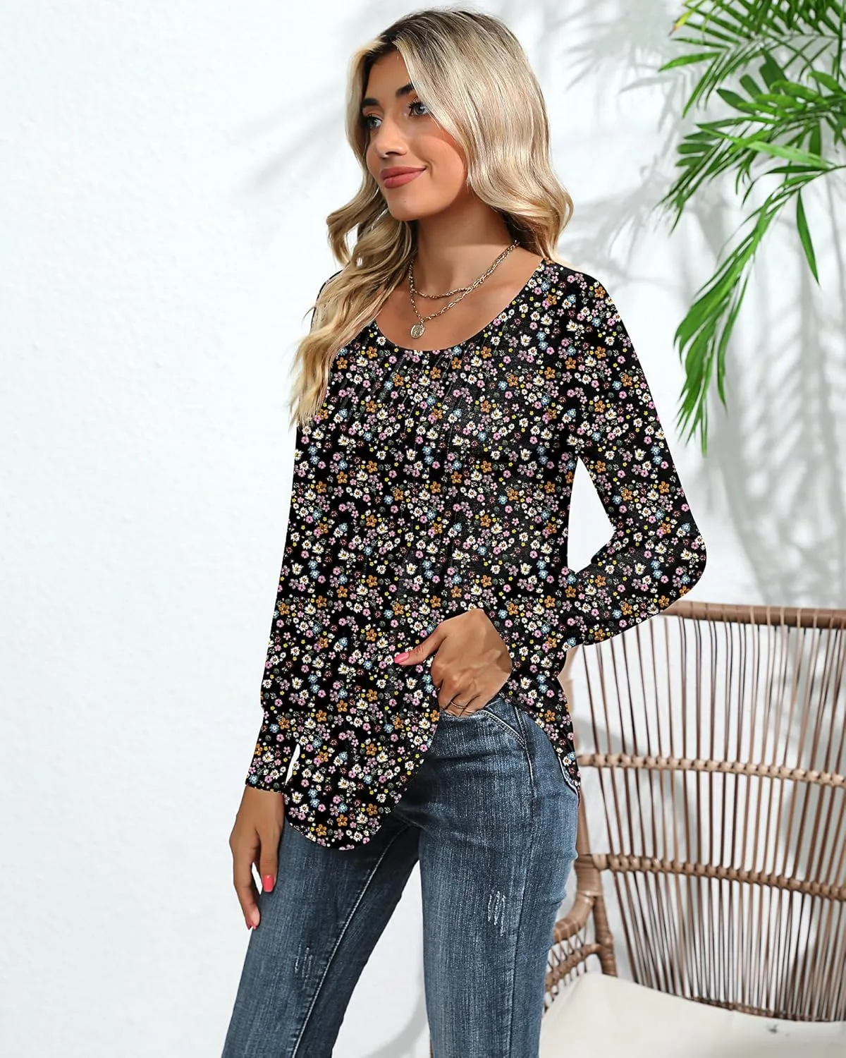 Ficerd Women's Puff Long Sleeve Tunic Tops Pleated Crew Neck Blouses Dressy Casual Loose Fit Winter and Spring Shirts