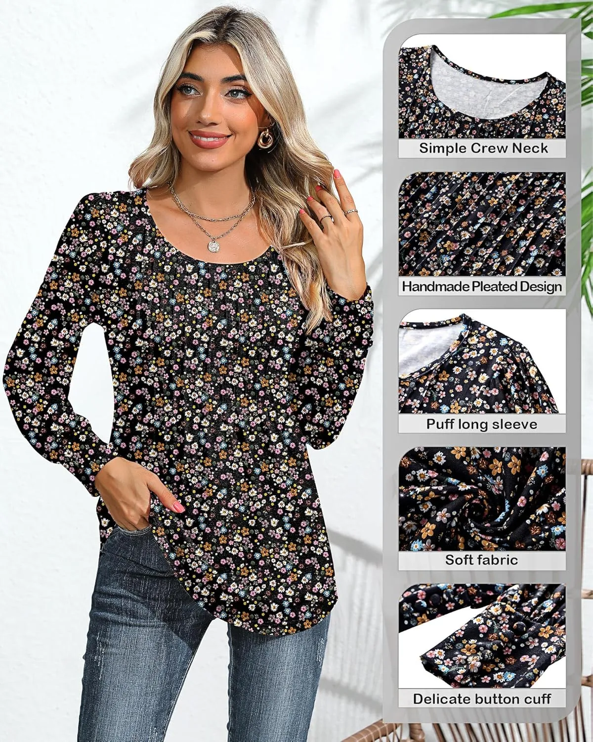 Ficerd Women's Puff Long Sleeve Tunic Tops Pleated Crew Neck Blouses Dressy Casual Loose Fit Winter and Spring Shirts
