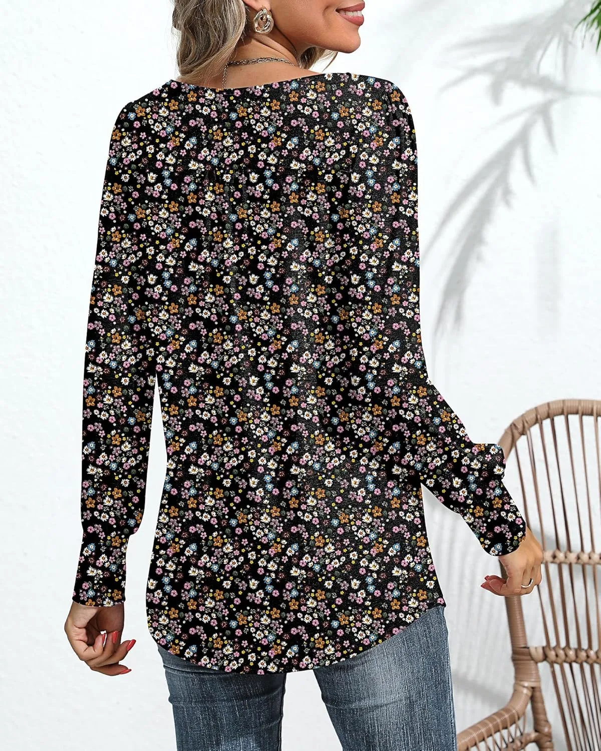 Ficerd Women's Puff Long Sleeve Tunic Tops Pleated Crew Neck Blouses Dressy Casual Loose Fit Winter and Spring Shirts