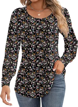 Ficerd Women's Puff Long Sleeve Tunic Tops Pleated Crew Neck Blouses Dressy Casual Loose Fit Winter and Spring Shirts
