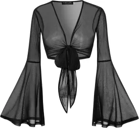 For G and PL Women Tie Front Bell Sleeve Rave Crop Tops Floral Print Hippie Mesh Sheer Shirt