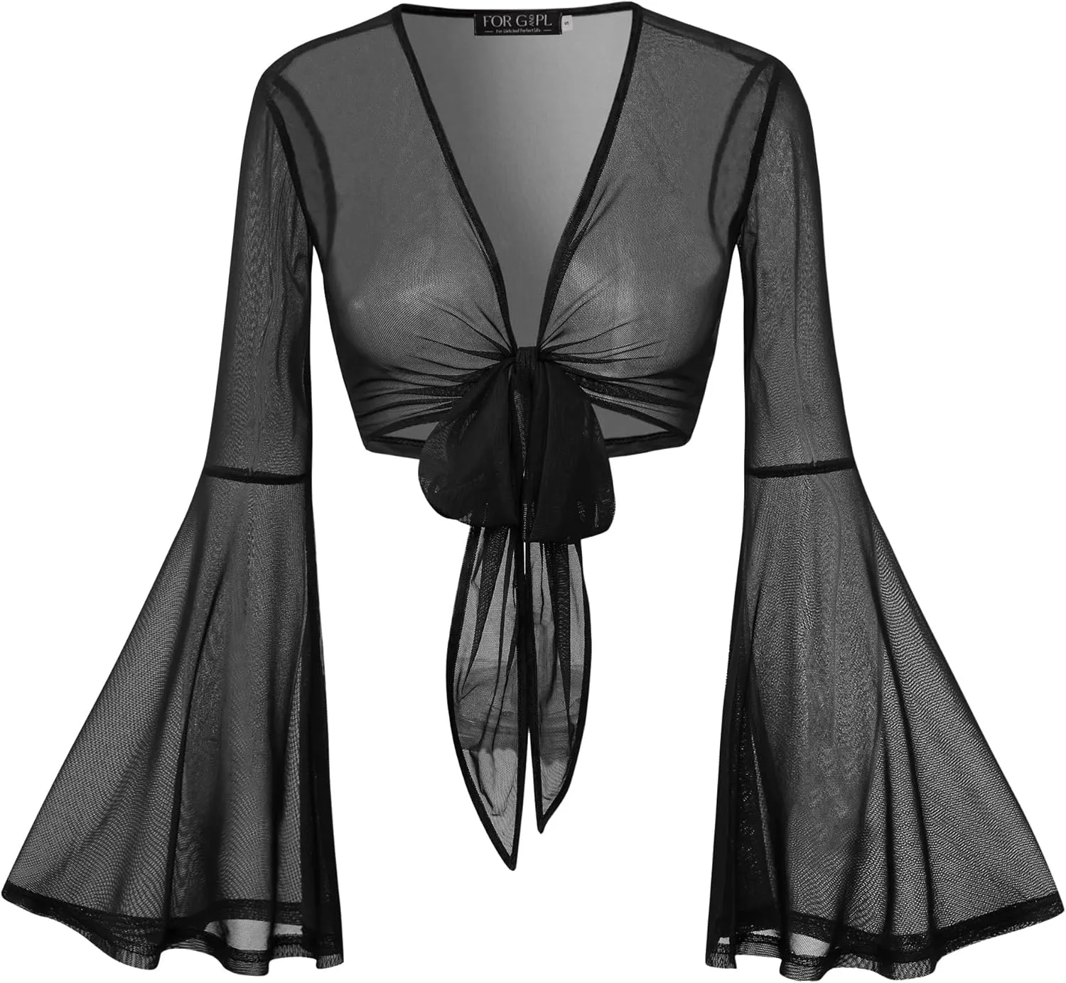 For G and PL Women Tie Front Bell Sleeve Rave Crop Tops Floral Print Hippie Mesh Sheer Shirt