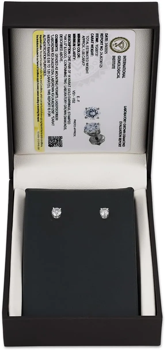 GILDED 1 to 3 ct. T.W. Round Lab Grown Diamond VS1 Clarity, E-F Color and 14K White Gold and Yellow Gold Stud Earrings Cert Included