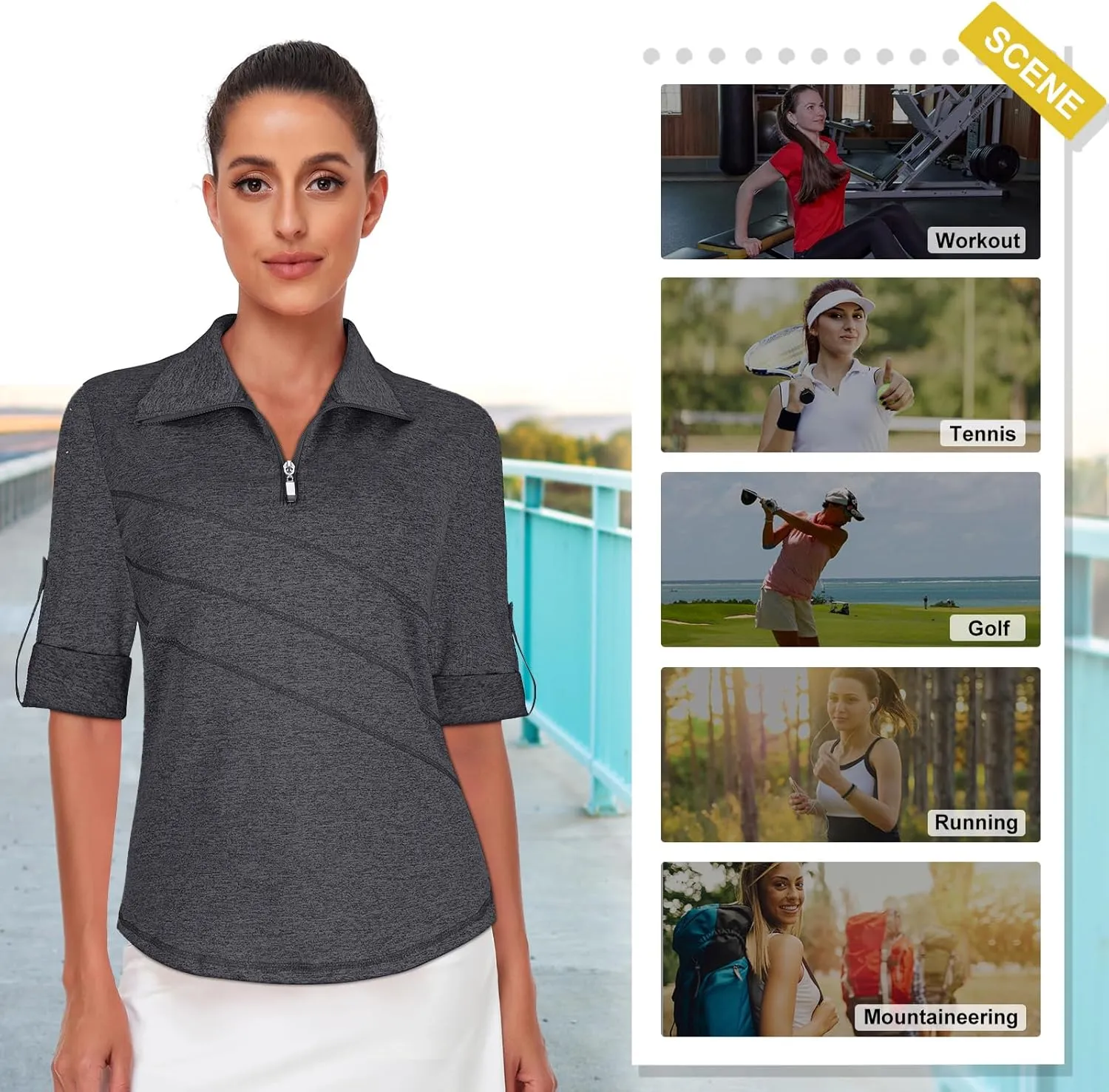 Koscacy Women's 3/4 Roll Sleeve Golf Tennis Polo Shirts UPF50  Half Zip Dry Fit Workout Tops Athletic Shirt