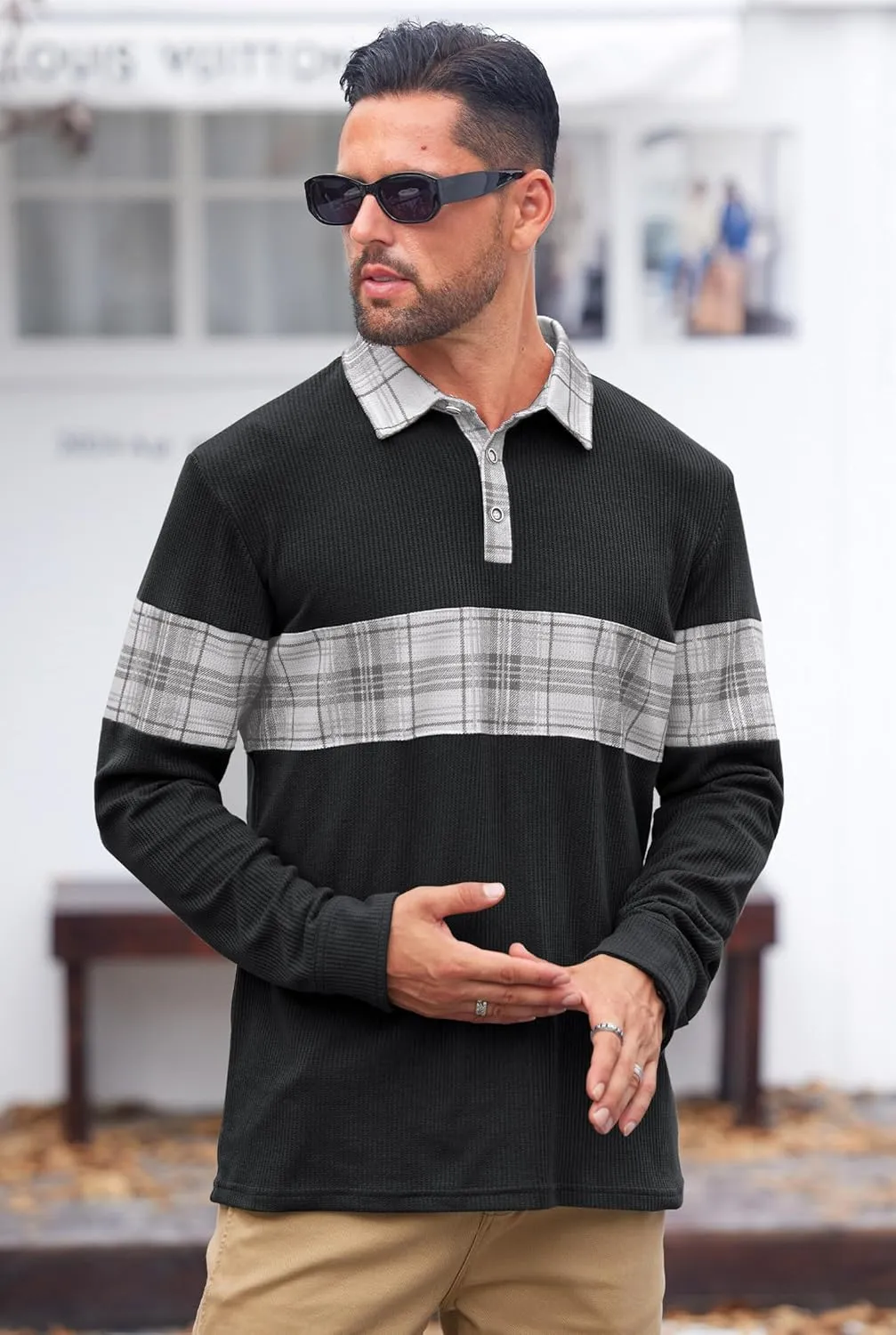 Mens Long Sleeve Polo Shirts Print Casual Vintage Classic Golf Shirt (S-XXL)