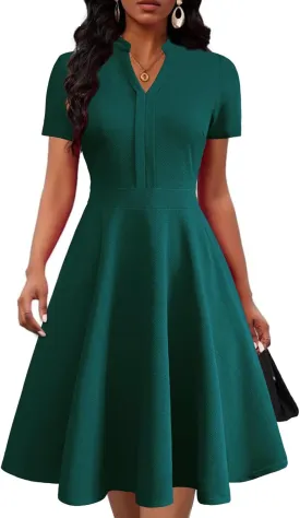 Mokayee Womens Summer Short Sleeve V Neck Fit and Flare Semi Formal Work Wedding Guest Dresses with Pockets