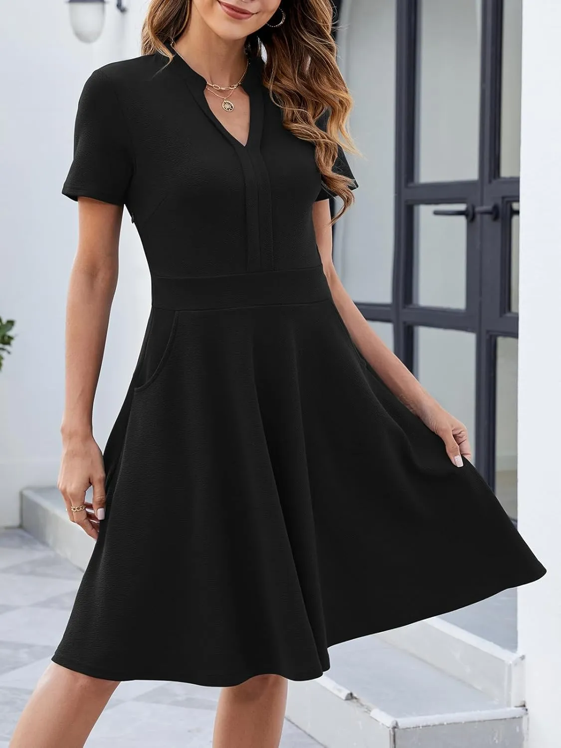 Mokayee Womens Summer Short Sleeve V Neck Fit and Flare Semi Formal Work Wedding Guest Dresses with Pockets