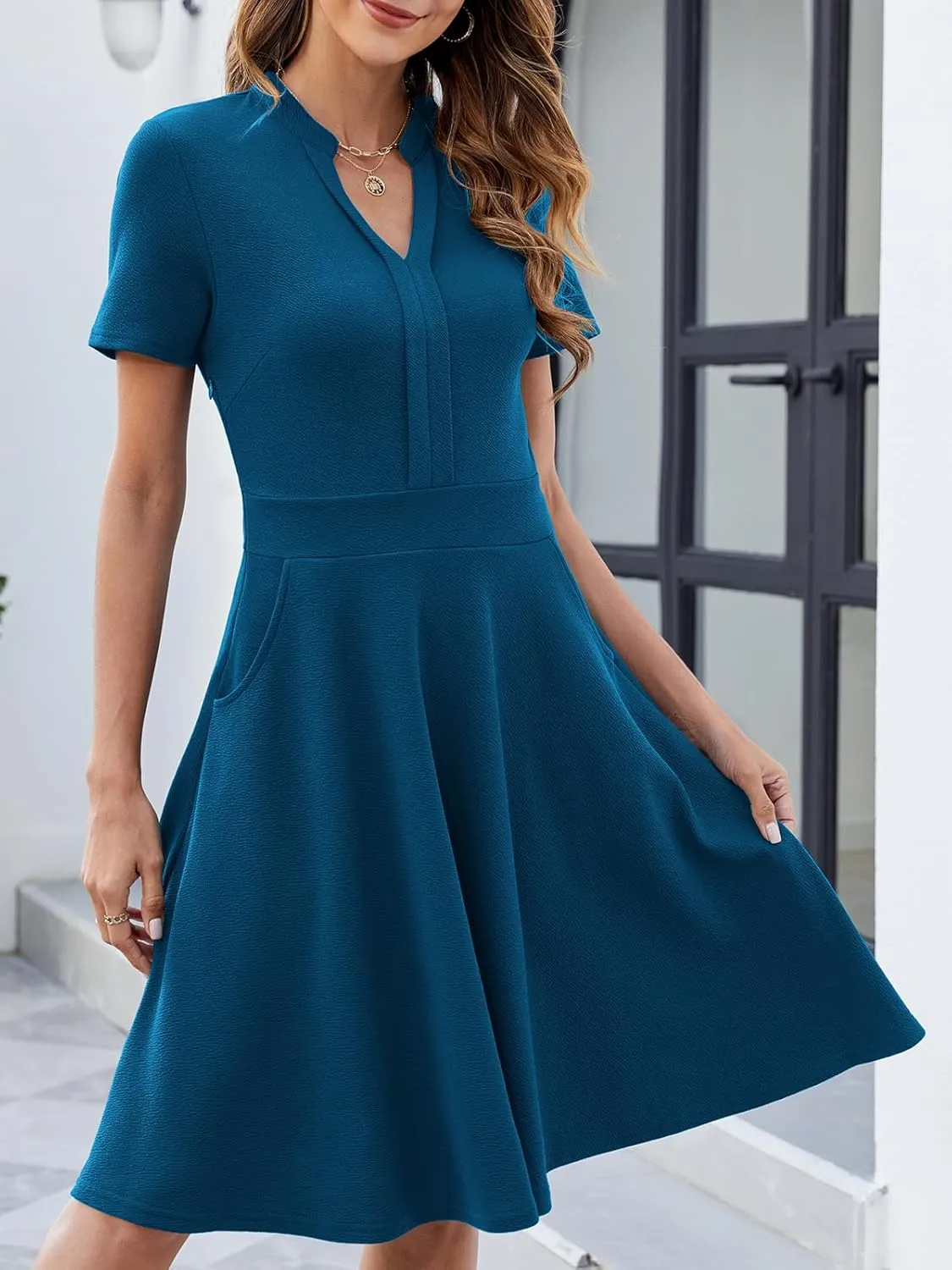 Mokayee Womens Summer Short Sleeve V Neck Fit and Flare Semi Formal Work Wedding Guest Dresses with Pockets