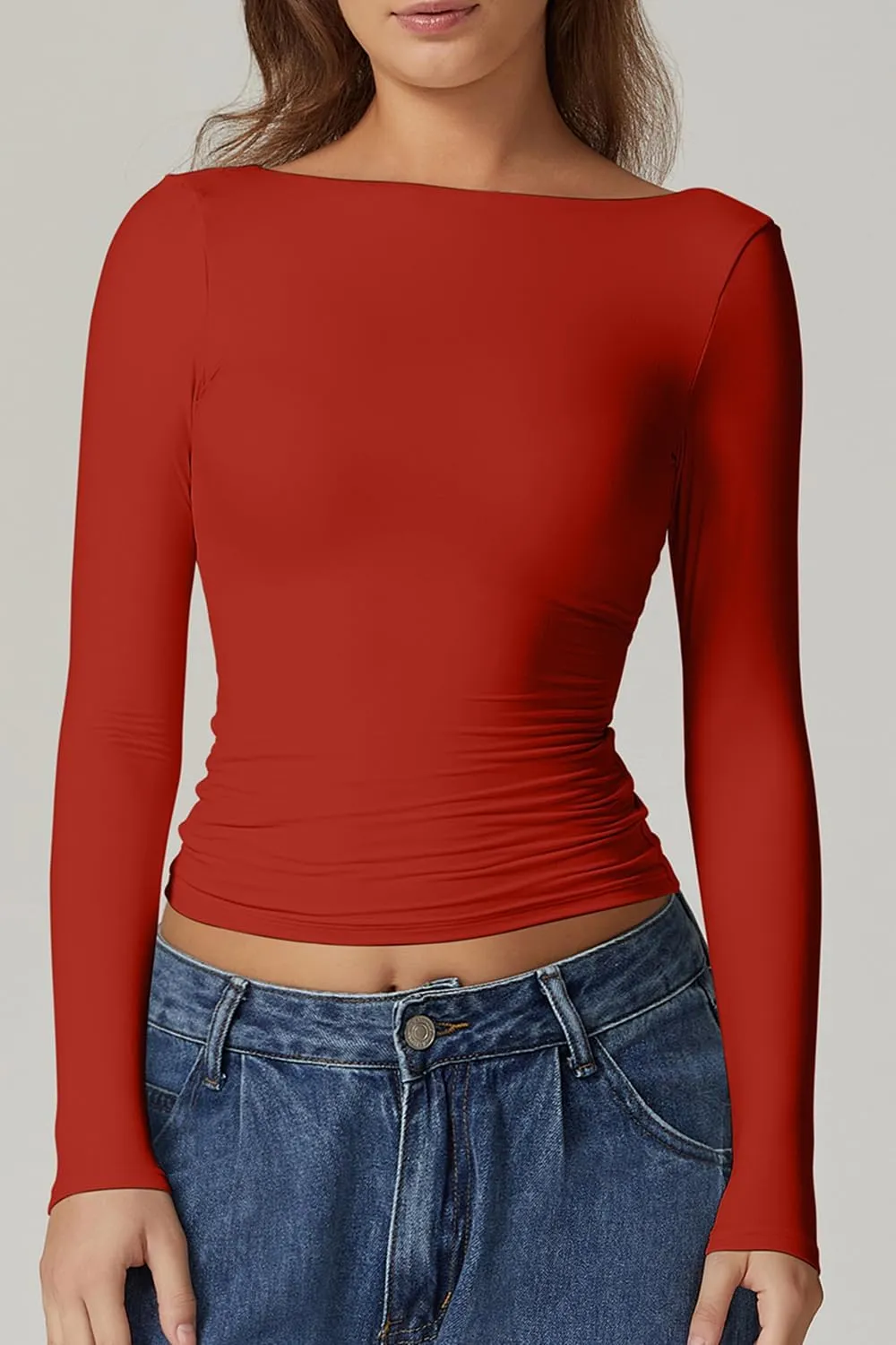 QINSEN Women's Sexy Open Back Long Sleeve Shirts High Neck Double Lined Tees Fitted Going Out Tops