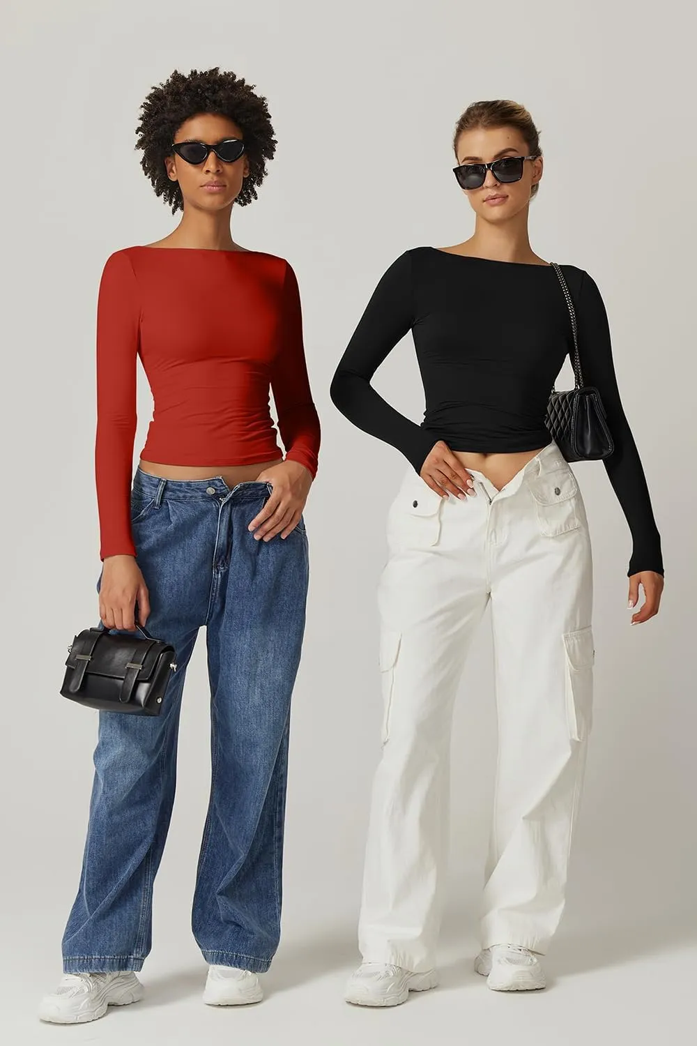 QINSEN Women's Sexy Open Back Long Sleeve Shirts High Neck Double Lined Tees Fitted Going Out Tops