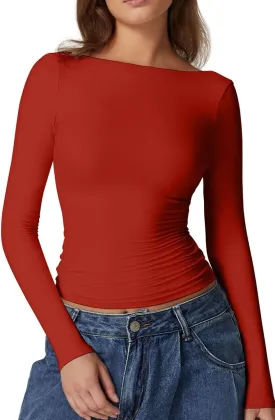 QINSEN Women's Sexy Open Back Long Sleeve Shirts High Neck Double Lined Tees Fitted Going Out Tops