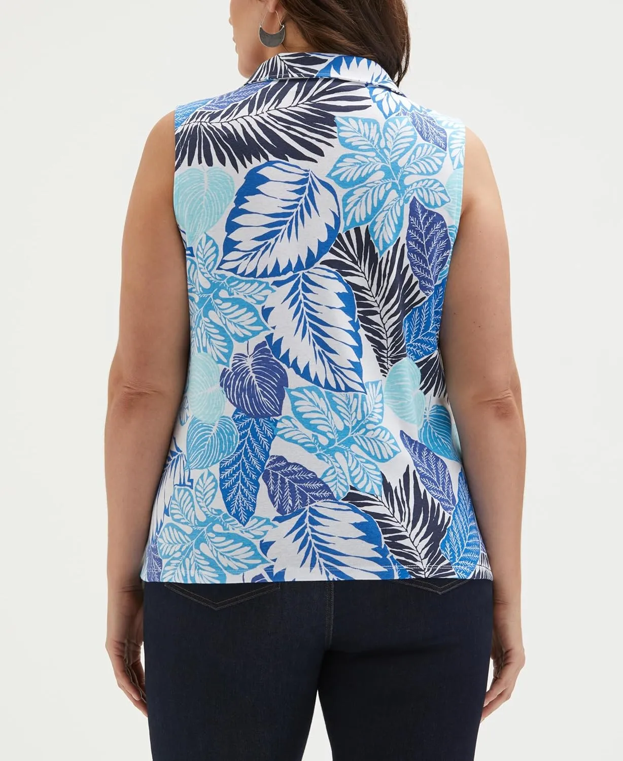 Rafaella Women's Plus-Size Tropical Sleeveless Polo Shirt, V-Neck with Spread Collar, No Buttons, Relaxed Fit, Lightweight