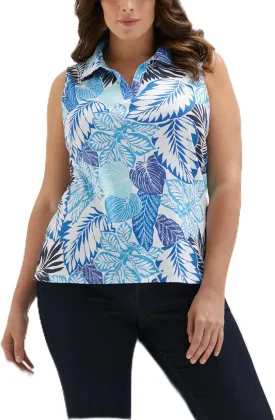 Rafaella Women's Plus-Size Tropical Sleeveless Polo Shirt, V-Neck with Spread Collar, No Buttons, Relaxed Fit, Lightweight