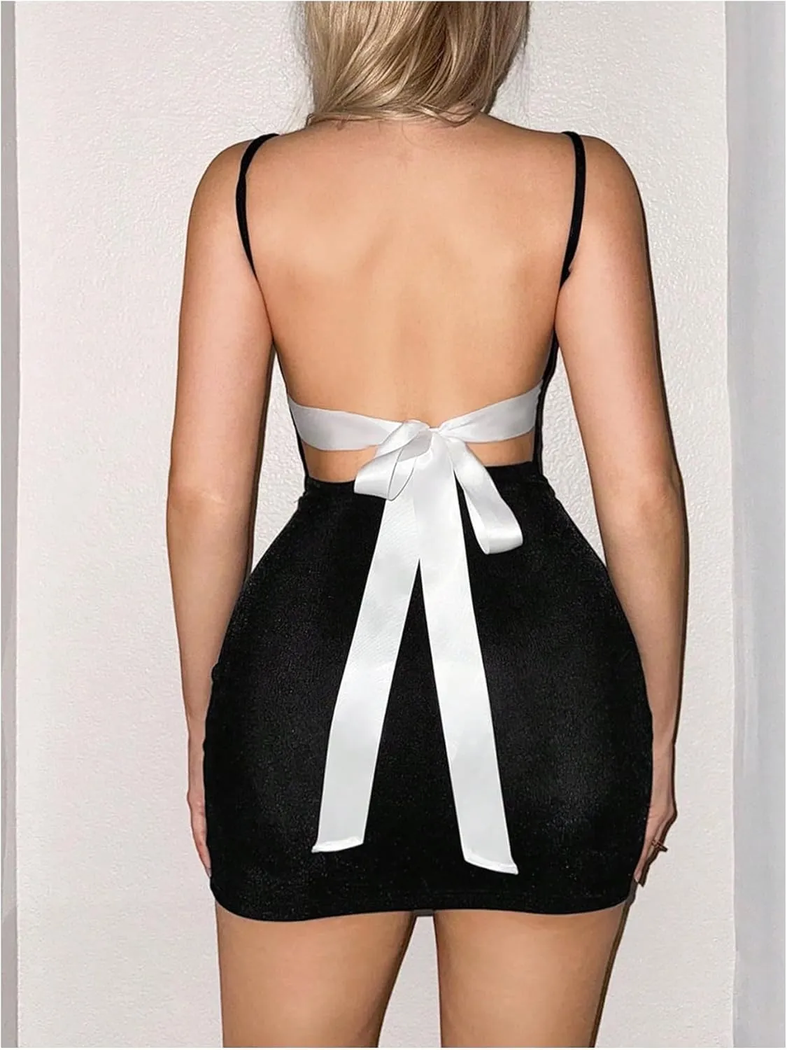 SHENHE Women's Sexy Bow Tie Back Spaghetti Strap Backless Bodycon Party Date Mini Dress