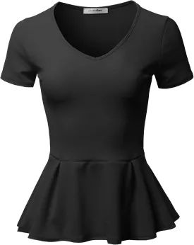 SSOULM Women's Classic Stretchy Short Sleeve Flare Peplum Blouse Top with Plus Size