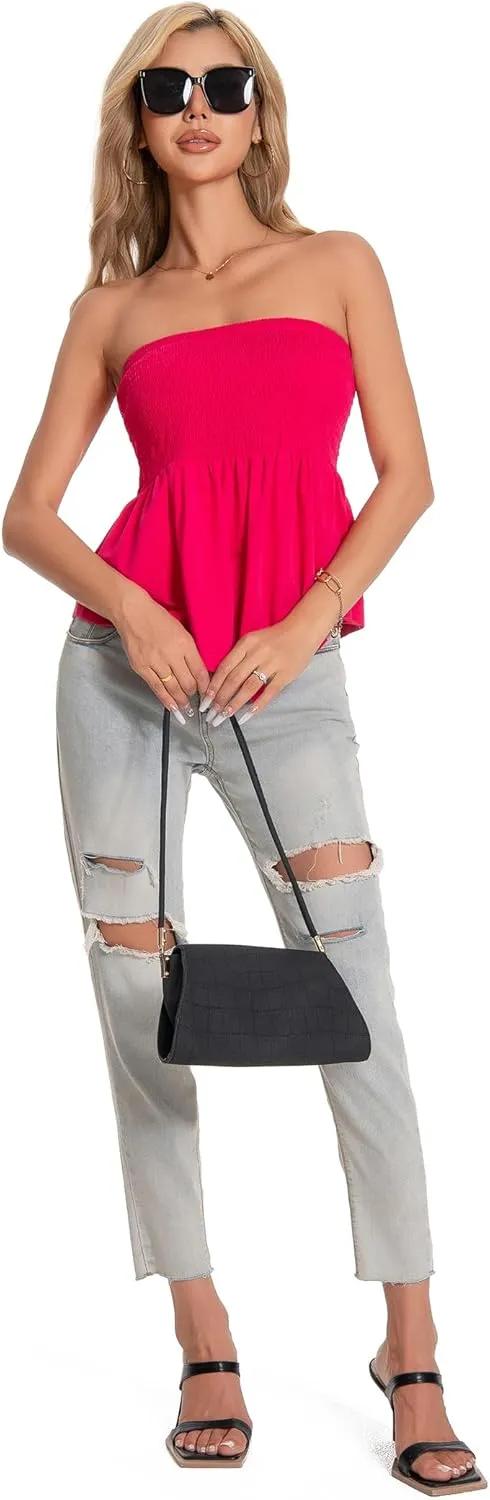 TAIPOVE Tube Tops for Women Smocked Summer Strapless Bandeau Shirts Ruffle Hem Cute Crop Peplum Trendy Going Out Outfit