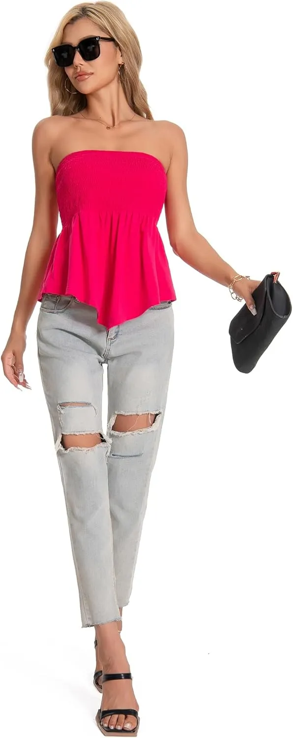 TAIPOVE Tube Tops for Women Smocked Summer Strapless Bandeau Shirts Ruffle Hem Cute Crop Peplum Trendy Going Out Outfit