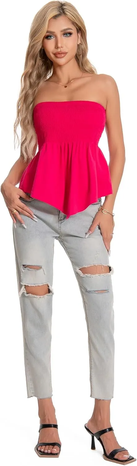TAIPOVE Tube Tops for Women Smocked Summer Strapless Bandeau Shirts Ruffle Hem Cute Crop Peplum Trendy Going Out Outfit