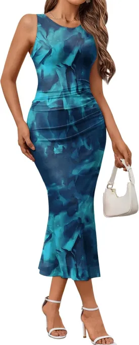 Trendy Queen Bodycon Maxi Dress Womens Sleeveless Floral Print Fitted Party Club Ruched Dresses with Side Slit