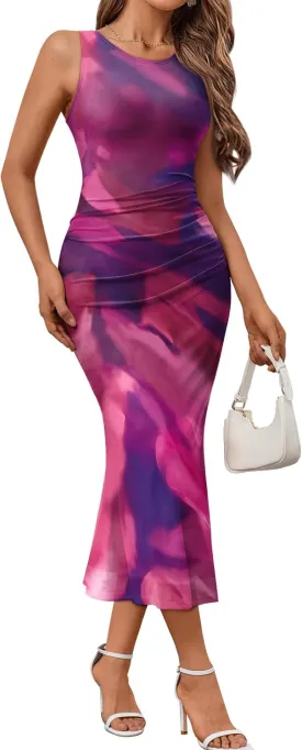 Trendy Queen Bodycon Maxi Dress Womens Sleeveless Floral Print Fitted Party Club Ruched Dresses with Side Slit