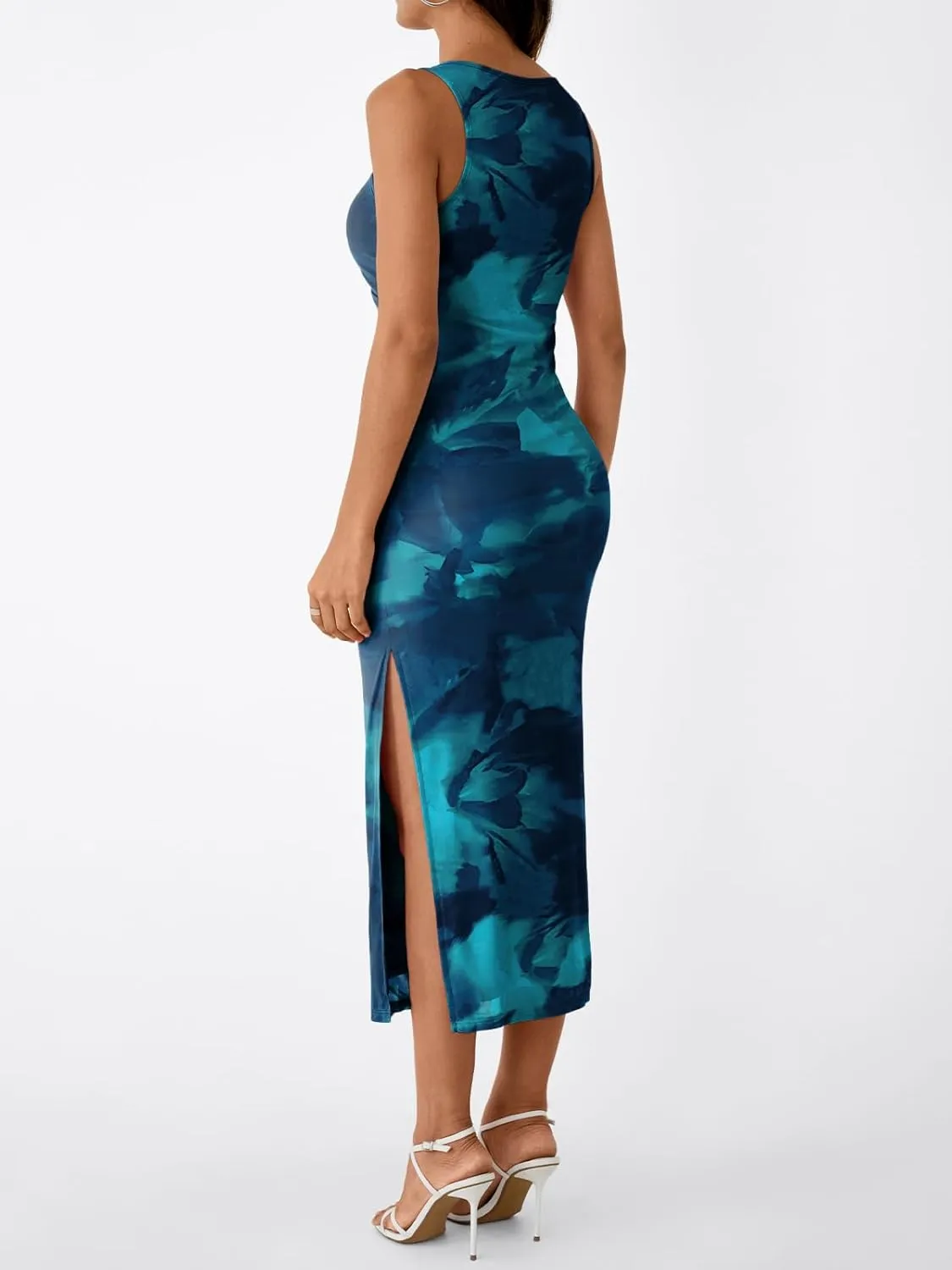 Trendy Queen Bodycon Maxi Dress Womens Sleeveless Floral Print Fitted Party Club Ruched Dresses with Side Slit