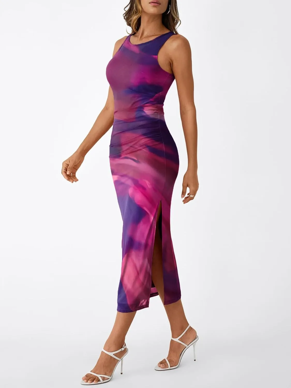 Trendy Queen Bodycon Maxi Dress Womens Sleeveless Floral Print Fitted Party Club Ruched Dresses with Side Slit