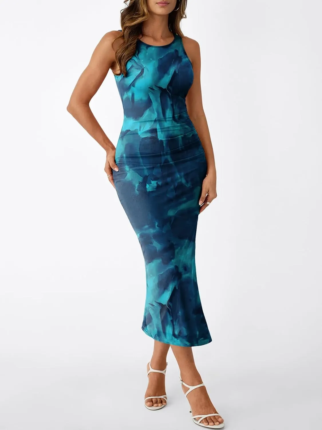 Trendy Queen Bodycon Maxi Dress Womens Sleeveless Floral Print Fitted Party Club Ruched Dresses with Side Slit