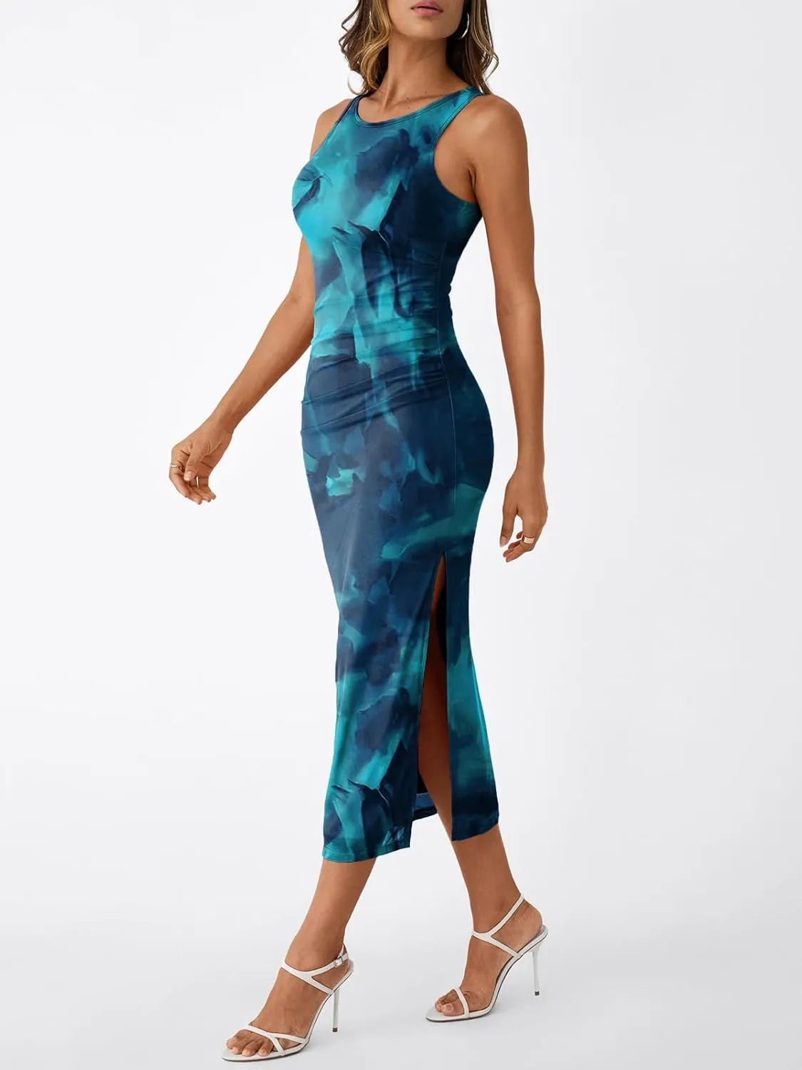 Trendy Queen Bodycon Maxi Dress Womens Sleeveless Floral Print Fitted Party Club Ruched Dresses with Side Slit